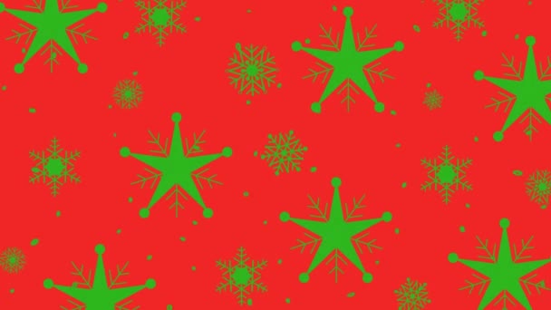 Animation Green Christmas Pattern Moving Stars Snowflakes Red Background — Stock Video