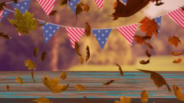 Animation Colorful Leaves Falling Autumn Forest Bunting American Flags — Stock Video