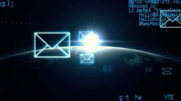 Animation Des Rotierenden Globus Globaler Mail Symbole Und Datenverarbeitung Auf — Stockvideo