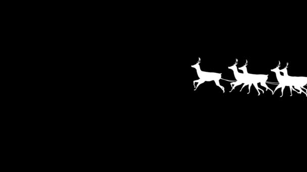 Animation White Silhouette Santa Claus Sleigh Being Pulled Reindeers Black — Stock Video