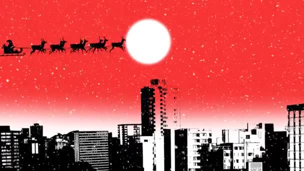 Animation d'une silhouette noire du Père Noël en traîneau tirée par des rennes sur le paysage urbain en hiver la nuit avec lune sur fond rouge 