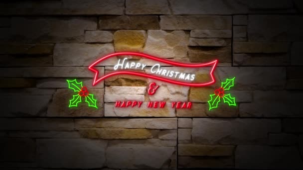 闪烁不定的文字的动画圣诞快乐和新年快乐的标志红白相间 墙上挂满了冬青和浆果 — 图库视频影像