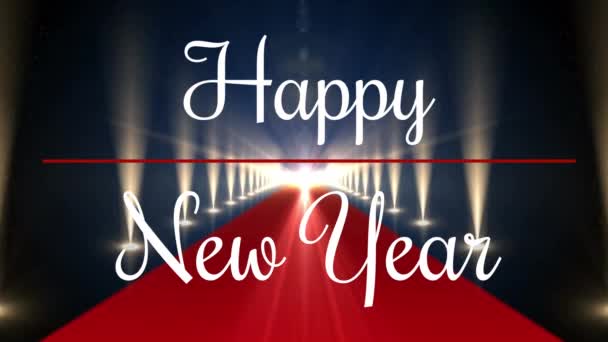 単語のアニメーションスポットライトが並ぶ赤いカーペットの白い文字で新年の幸せ — ストック動画