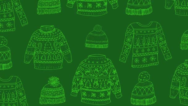 Animation Des Weihnachtsmusters Mit Hüten Und Pullovern Grün — Stockvideo