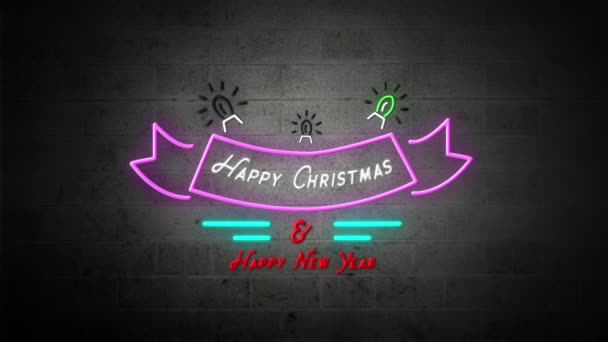 闪烁不定的词的动画圣诞快乐 新年快乐 红白相间的霓虹灯标志 红白相间 墙上挂着抽象的形状 — 图库视频影像