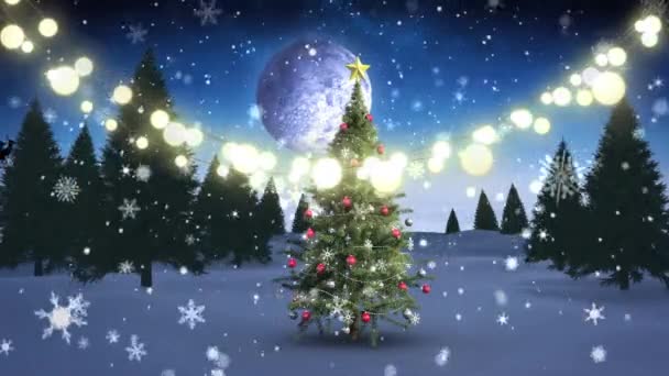 Анімація Різдвяної Прикраси Струни Сяючих Казкових Вогнів Ялинкою — стокове відео