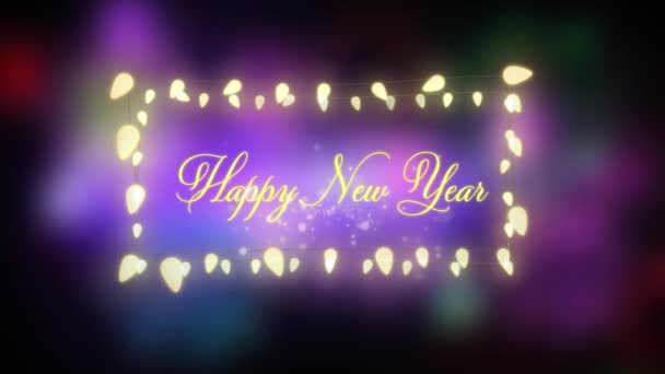 新年快乐 这几个字的动画 用黄色的字母写在一个长方形的框框里 后面点缀着发亮的紫光 — 图库视频影像