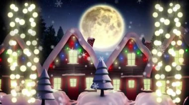 Noel Baba, Noel ağacı, kar yağışı ve arka planda ay ile parlayan peri ışıkları dizilerinin Noel süslemesinin animasyonu