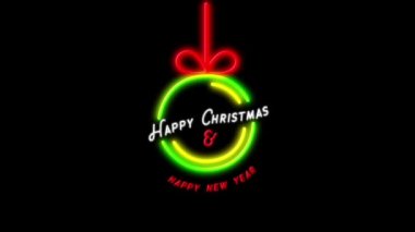 Yanıp sönen kelimelerin animasyonu Mutlu Noeller ve kırmızı ve beyaz ışıklı yeni yıl tabelası ve siyah arka planda noel takısı