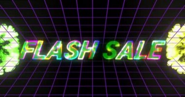 Gökkuşağı renkli harflerle Flash Sale kelimesinin animasyonu yeşil ve sarı patlamalar, ızgarada çok renkli çizgiler ve siyah arkaplan 4k