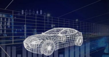 Mavi arka plan 4k üzerinde veri işleme ve hareket ızgarası olan, beyazlı bir arabanın 3D teknik çiziminin animasyonu