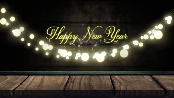 言葉のアニメーション背景にレンガの壁を持つ妖精の光と花火の輝く文字の黄色の文字で書かれた幸せな新年 — ストック動画