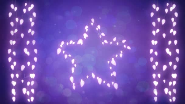 在紫色背景上用星星和一串串发亮的叶子形状的仙女灯作圣诞装饰的动画 — 图库视频影像