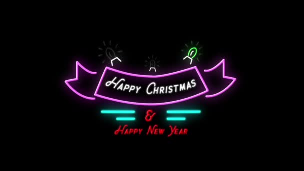 闪烁不定的词的动画圣诞快乐 新年快乐 红色和白色的霓虹灯标志 紫色横幅 黑色背景的抽象形状 — 图库视频影像