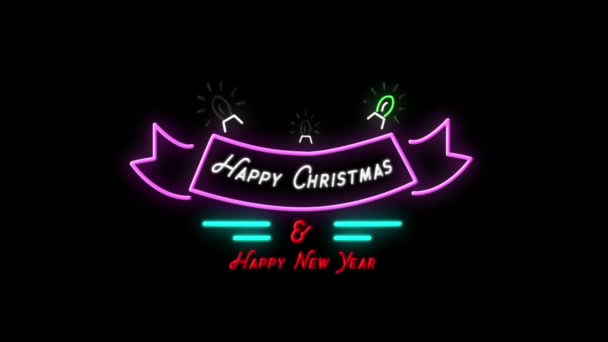 Animazione Parole Tremolanti Buon Natale Felice Anno Nuovo Segno Neon — Video Stock