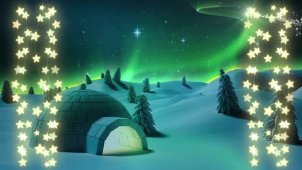 田舎の流れ星 イグルーと輝く星型の妖精の光の文字列のクリスマスの装飾のアニメーション — ストック動画