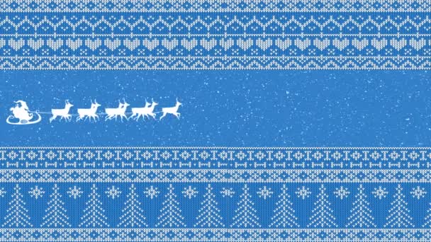 雪の中でサンタクロースの白いシルエットのアニメーションは パターン化された境界線と青の背景にトナカイによって引かれています — ストック動画