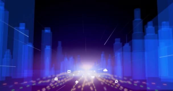 暗い青の背景に動くアイコンを持つ都市の建物の3D建築図面のアニメーション4K — ストック動画