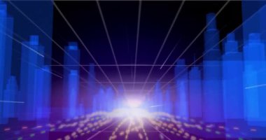 Koyu mavi zemin üzerinde hareketli çizgileri olan bir şehirdeki binaların 3D mimari çizimlerinin animasyonu 4k