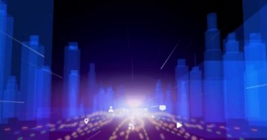 Koyu mavi arka planda hareket eden simgeleri olan bir şehirdeki binaların 3D mimari çizimlerinin animasyonu 4k