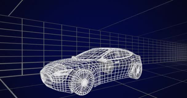 Анимация Технического Рисунка Автомобиля Белом Движущейся Сеткой Синем Фоне — стоковое видео