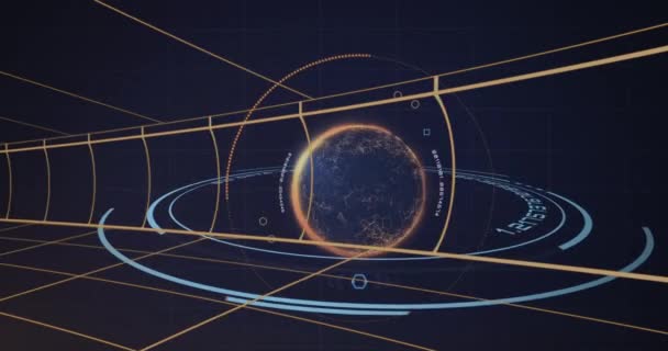 オレンジ色のグリッド線と回転する地球のアニメーションとダークブルーの背景に人々のアイコン4K — ストック動画