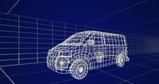 Анимация Технического Рисунка Фургона Белом Движущейся Сеткой Заднем Плане — стоковое видео