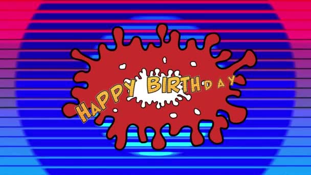 在彩虹色背景上 用黄色的字母在白色和红色的爆炸中动画化 生日快乐 这个词 — 图库视频影像