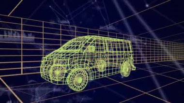 Arkaplanda veri işleme ve hareket ızgarası olan, sarılı bir minibüsün 3D teknik çiziminin animasyonu