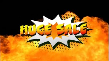 Arka planda alevler olan beyaz bir patlamayla ilgili sarılı turuncu harflere dev indirimli kelimelerin animasyonu