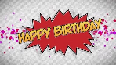 Doğum günün kutlu olsun sözlerinin animasyonu. Beyaz arkaplanda kırmızı konuşma balonunda sarı harflerle.
