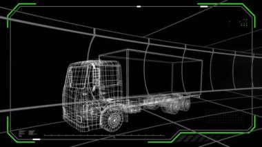 Hareket eden ızgarası ve arka planında işaretleri olan beyaz bir kamyonun 3D teknik çiziminin canlandırması