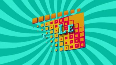 Satış sözcüğünün animasyonu yeşil arka planda çizgileri olan sarı karelerde mavi harflerle.