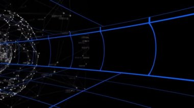 Koyu mavi arkaplanda dönen mavi ızgara çizgilerinin ve dünyanın animasyonu