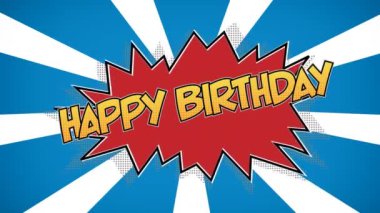 Kırmızı konuşma balonunda sarı harflerle Mutlu Yıllar sözlerinin animasyonu. Arka planda mavi ve beyaz çizgiler var.