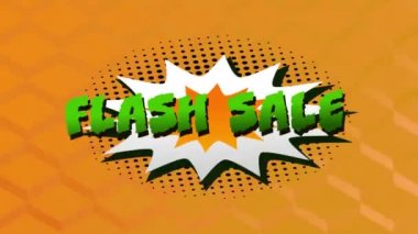 Turuncu arka planda beyaz bir patlama üzerine yeşil harflerle Flash Sale sözcüğünün animasyonu