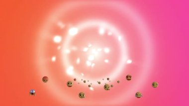 Renkleri pembeden turuncuya değişen daireler üzerinde kameraya uçan emoji simgelerinin canlandırması