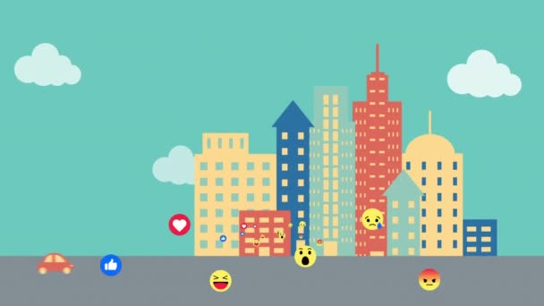 Animación Grupo Iconos Emoji Sobrevolando Dibujo Del Paisaje Urbano — Vídeo de stock