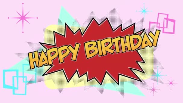 Animatie Van Woorden Happy Birthday Gele Letters Rode Spraakbel Roze — Stockvideo