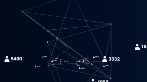 Анімація Мережі Язків Білими Піктограмами Числами Лініями Язку Темно Синьому — стокове відео