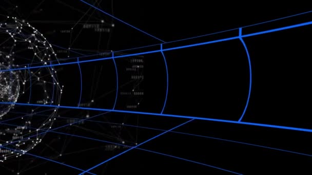 Animatie Van Bewegende Blauwe Rasterlijnen Bol Draaiend Donkerblauwe Achtergrond — Stockvideo