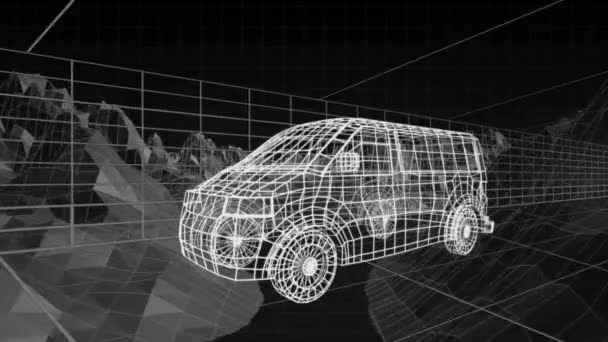 Анимация Технического Рисунка Фургона Белом Движущейся Топографической Картой Гор Сеткой — стоковое видео