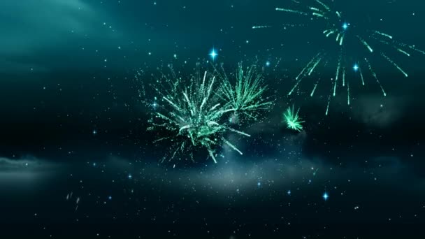 言葉のアニメーション星と夜空を背景に花火と輝く淡い青と白の文字で誕生日 — ストック動画