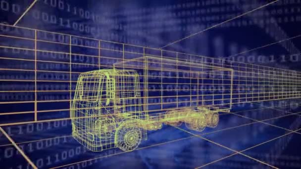 背景に移動グリッドと黄色のトラックの3D技術図面のアニメーション — ストック動画