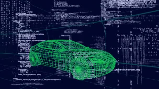 以数据处理和移动网格为背景的绿色轿车3D技术制图动画 — 图库视频影像
