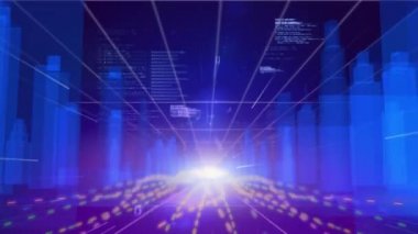 Veri işleme ve koyu mavi arkaplan üzerinde hareket çizgileri olan bir şehirde binaların 3D mimari çizimlerinin animasyonu