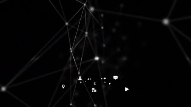 Beyaz bilgisayar iletişim simgeleriyle bir bağlantı ağının animasyonu ve siyah arkaplan üzerinde, ön plana doğru hareket eden çizgilerin bağlanması