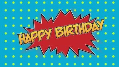 Doğum günün kutlu olsun sözlerinin animasyonu kırmızı konuşma balonunda sarı harflerle ve mavi arkaplanda noktalar