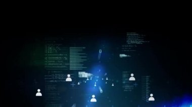 Siyah arkaplan üzerindeki beyaz simgeler, veriler ve ikili sayılarla bağlantı ağının canlandırılması