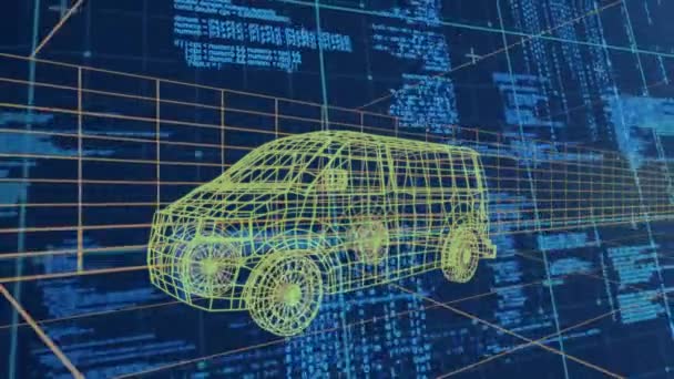 Animación Dibujo Técnico Una Furgoneta Amarillo Con Procesamiento Datos Rejilla — Vídeos de Stock